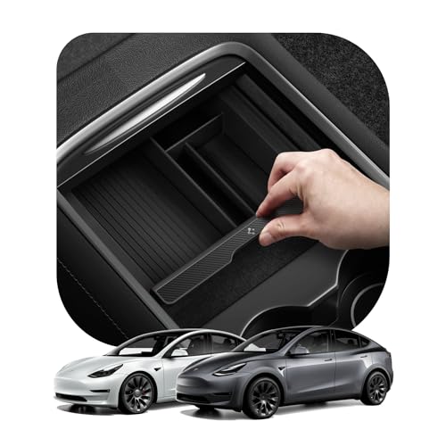 Spigen Tesla Model 3 2021-2023 e Model Y (~2024) bandeja organizadora da consola central acessórios de interior com tecnologia Smooth Slide, apoio de braço flocado para o interior do carro - Carbon