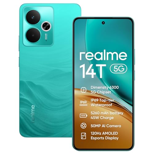 realme 14T 5G Smartphone 8 + 256 GB, Dimensity 6300 5G chipset, 50 MP Ai câmera, 6,67 '' 120 Hz Super AMOLED Display, Bateria de assiva, Dual Sim, NFC, verde