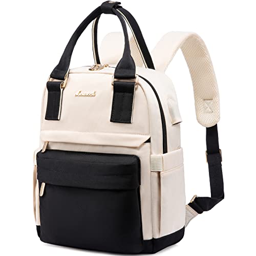 LOVEVOOK Mochila de mulher pequena, mala mochila de viagem anti-roubo com porta de carregamento USB, impermeável casual mini pack para escritório universidade compras uso diário, Preto e Bege, Casual
