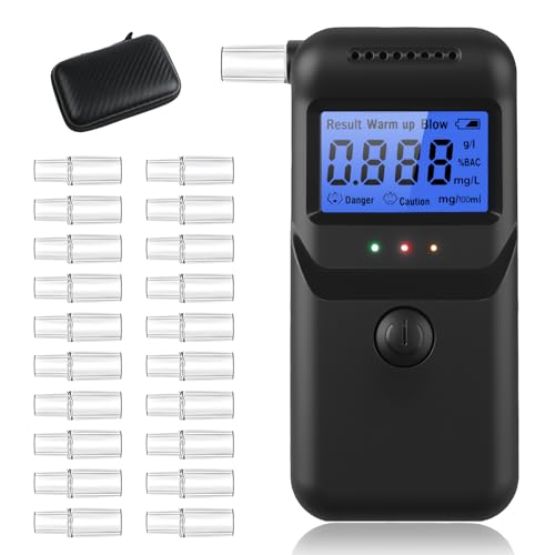 Vuxava Alcoolímetro digital homologado pela DGT com ecrã LCD e 20 bicos, preciso e reutilizável, com estojo portátil de fibra de carbono, ideal para casa e carro