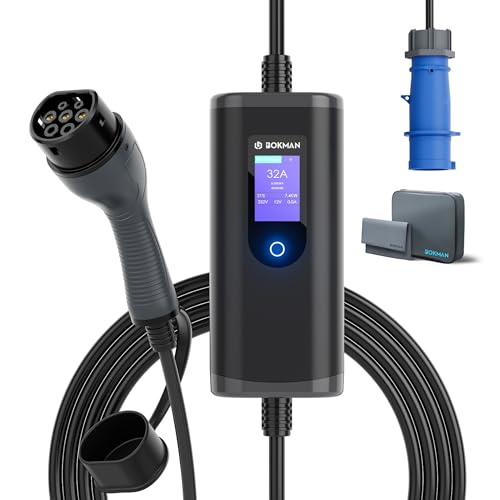 bokman Carregador de carro elétrico tipo 2 CEE, 7,4 kW / 5 metros / 6-32A / IP65 impermeável, EV-carregador portátil com adaptador CEE para veículos elétricos