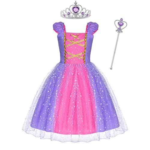 ACWOO - Vestido de princesa Rapunzel, fantasia de princesa Rapunzel com varinha e coroa, vestido de princesa, fantasia de cosplay para meninas, fantasia de festa para Halloween, Natal, festa de