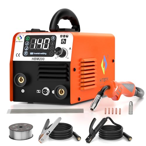 HITBOX Soldador compacto 3 em 1 MIG sem gás 140A, máquina de solda portátil MIG/MMA/Lift TIG com ecrã LED digital (HBM200)