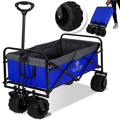 KESSER® Carrinho dobrável com rodas largas, transporte de mão | 2 sacos de rede | dobrável | pneus de borracha maciça | carrinho de jardim azul/cinzento