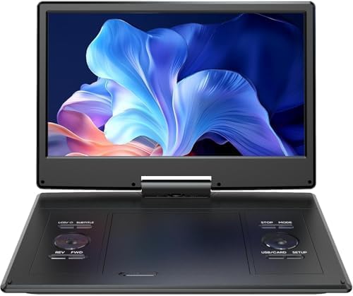 YOTON DVD portátil de 16" com ecrã rotativo HD de 14", com carregador de carro de 1,8 m e função de reprodução de memória [BLU-Ray não compatível]