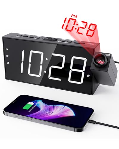 ROCAM Despertador com projeção para quarto, despertador digital LED no teto com carregador USB, bateria de reserva, projetor de 180° e regulador de intensidade, 12/24H, DST
