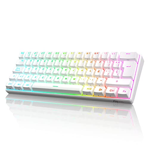 RK ROYAL KLUDGE RK61 Teclado sem fios, teclado mecânico espanhol Gaming 60% RGB Bluetooth/USB-C/2,4 Ghz interruptor castanho Hot Swap compatível com MacBook/iPad/iOS/Mac OX/Windows PC Tablet, branco