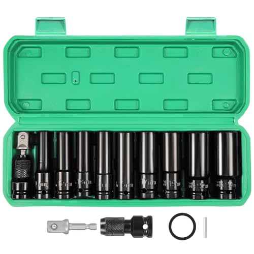 HSEAMALL Conjunto de chaves hexagonais de 1/2 polegadas, 10-24 mm, com adaptador e extensão para reparação de carros e troca de pneus, 11 unidades