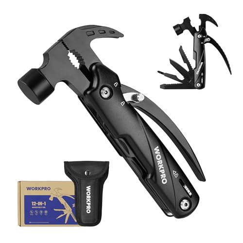 WORKPRO Martelo multifunções 12 em 1, acessórios para campismo, multifunções para campismo, martelo multiusos com capa, para caminhadas, pesca, acampar e reparação, presente para homem, mulher