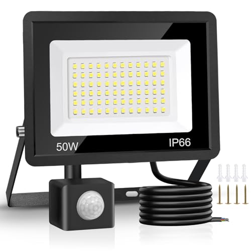 Jsdoin Luzes de segurança de 50 W sensor de movimento para exteriores luz de segurança PIR de 4500 lúmenes holofotes LED de 6500 K IP66 impermeável exterior com cabo de 2 m