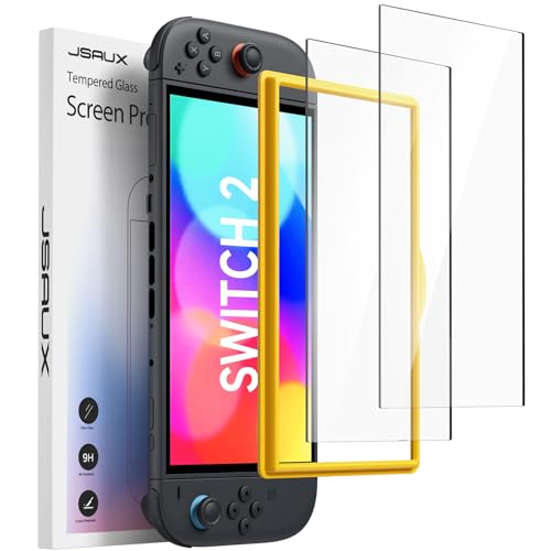 JSAUX 2-Pack Protetor de ecrã para Nintendo Switch 2 2025, ultra HD, dureza 9H, resistente a riscos, cobertura completa de ecrã, instalação fácil com moldura de montagem, acessórios de proteção