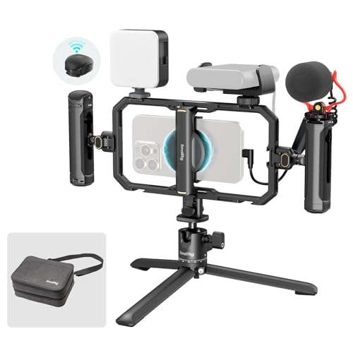 SMALLRIG Kit de plataforma de vídeo para telefone de libertação rápida universal tudo em um Pro, kit de plataforma estabilizadora para telefone com luz LED, microfone, tripé QR, alças duplas - 4704