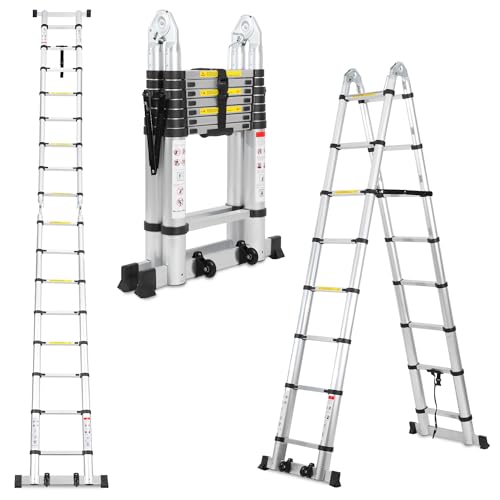 Cecaylie Escada telescópica de alumínio, 5 m (2,5 m + 2,5 m), escada extensível com rodas e estabilizadores removíveis, portátil, moldura em A, antiderrapante, capacidade de carga de 150 kg (prata)