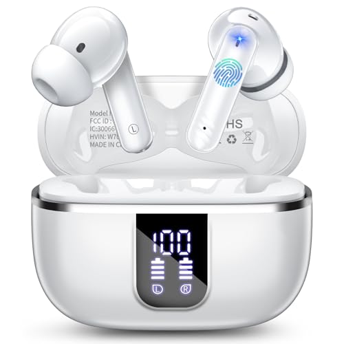Auriculares sem fios, In Ear capacetes Bluetooth 5.4 HiFi estéreo, 46H auriculares sem fios Bluetooth cancelamento de ruído ativo, ecrã LED, IP7 impermeáveis capacetes para iOS Android. Branco