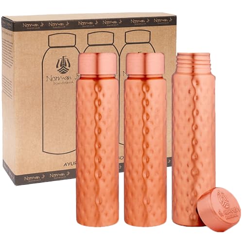 NORMAN JR Garrafa de água de cobre 550 ml - caixa de presente de 3, martelada, um recipiente ayurvédico feito de cobre puro - ajuda a beber mais água com muitos benefícios para a saúde
