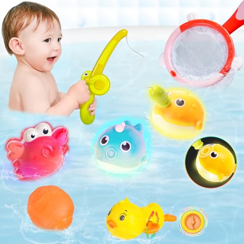 Highttoy Brinquedos casa de banho bebé, 7 peças conjunto de pesca com 3 brinquedos casa de banho pesca luminosos/pato nadador vento/rede de pesca/cana de pesca/bola de jato, brinquedos banheira