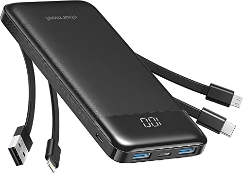 Charmast Power Bank 10000 mAh com cabos integrados, USB C carregador portátil 5 V/3A bateria externa portátil ecrã LED digital com 6 saídas e 3 entradas para iPhone Samsung Huawei Xiaomi