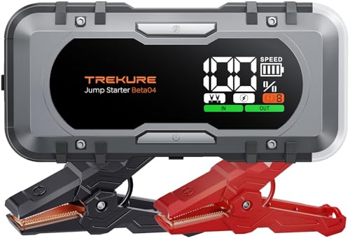 TREKURE Iniciador de baterias de carro 27000 mAh 6000A (All Gas ou 12 L Diesel), 12 V Iniciador de bateria, carregamento rápido bidirecional de 65 W, lanterna LED de 600 lúmenes, polegadas, QC3.0