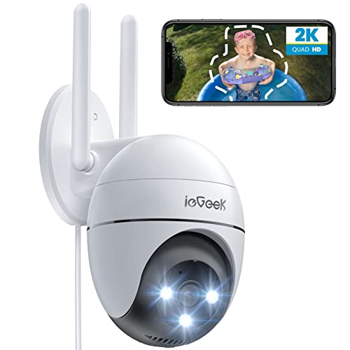 ieGeek 2K Câmara de vigilância WiFi exterior com elétrico, PTZ 355°, deteção de humanos, rastreamento automático, visão noturna cor, alarme de luz e som, gravação contínua, compatível com Alexa
