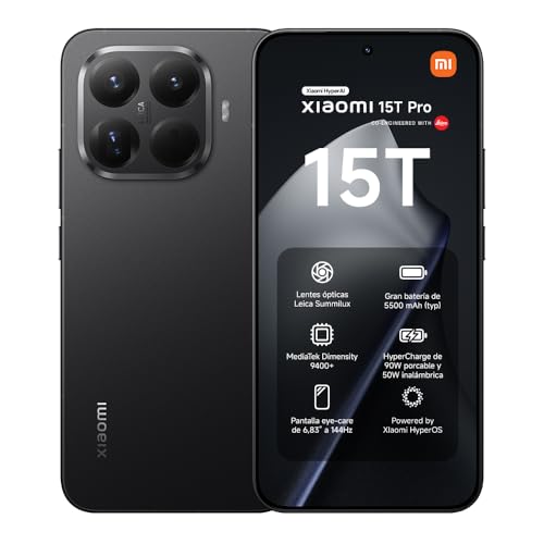 XIAOMI 15T Pro Smartphone de 12+1024 GB, lente ótica Leica Summilux, MediaTek Dimensity 9400+, ecrã Eye Care de 6,83" de 144 Hz, HyperCharge de 90 W, carregador não incluído, preto (versão ES)