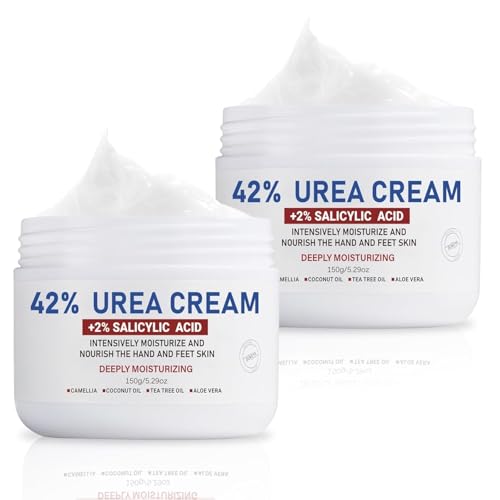 OUKEYA Creme ureia a 42% com ácido salicílico a 2%, creme pés mãos tratamento intensivo pele rachada, saltos e cotovelos, creme hidratante pés secos rachados, elimina calos anti-fissuras, 150 g x 2