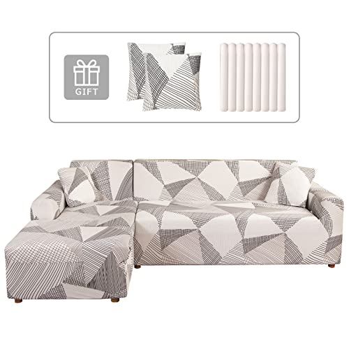 Lydevo Capa para sofá Chaise Longue 2 peças capa cobertura sofá de sofá inconera em forma de L reversível com 2 fronhas elásticas protetor para sofá, canto direito esquerdo, linha branca