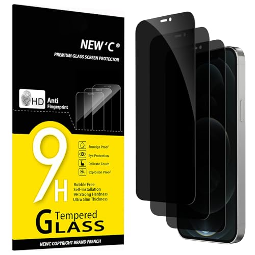 NEW'C 3 peças, protetor de ecrã privacidade para iPhone 12 Pro Max (6,7 polegadas), ângulo de privacidade de 28 graus, dureza ultra duradoura de 9H, sem bolhas