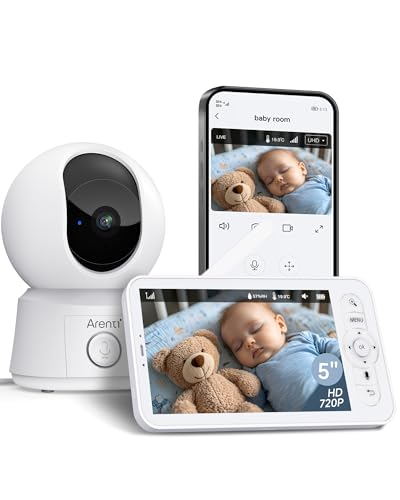 ARENTI 1080P Câmara de vigilância para bebé com controlo de 5 polegadas, monitor de 355° PTZ com câmara com voz bidirecional, deteção de movimento e som, visão noturna, sensor temperatura, modo VOX