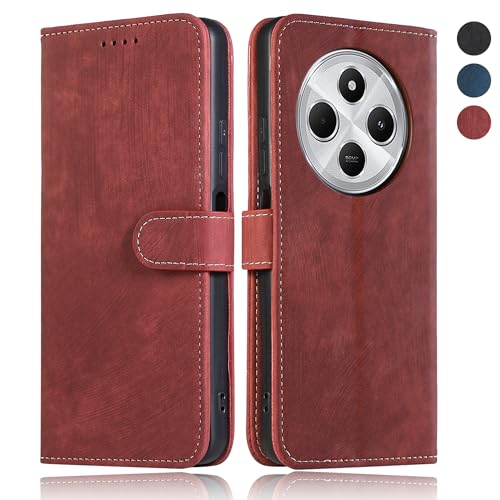MIKULLE Capa para Xiaomi Redmi 14C 4G / Redmi A4 5G (6,88"), capa magnética de tipo livro função de suporte dobrável PU couro capa telemóvel Flip Wallet Case - vermelho