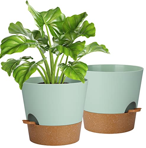 Vaso de 10 polegadas com prato, 2 frascos de plástico vasos decorativos interior com orifícios de drenagem, rega automática vasos para plantas flores, decoração de casa varanda jardim