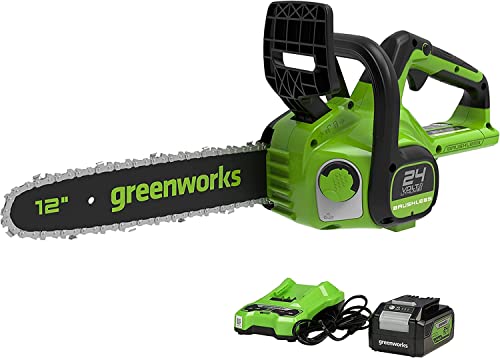 Greenworks GD24CS30K4 Motosserra a bateria, motor sem escovas, barra de 30 cm, velocidade de corrente 7,8 m/s, auto-lubrificado, proteção contra retrocesso, bateria de 24 V 4 Ah, carregador, garantia