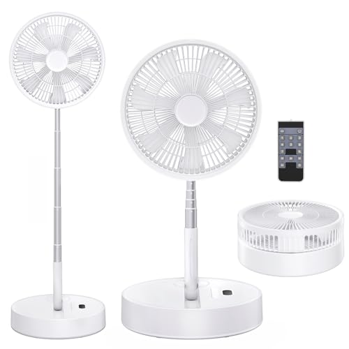 Ventilador de pé oscilante portátil dobrável bateria recarregável USB C pequena mesa ventiladores com controlo remoto, ventosa silenciosa para casa dormir escritório viagem (branco, 12 polegadas)