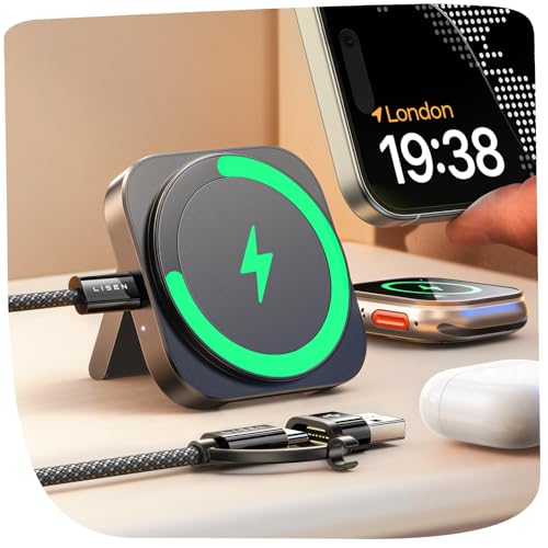 LISEN Carregador sem fios MagSafe para iPhone 16 e Samsung Base carregador Apple Watch Wireless Charger Mini 3 em 1 estação de carregamento viagens acessórios para iPhone 16 14 15 Pro Max 13 12 iWatch