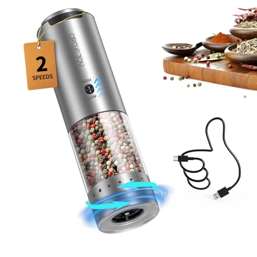 CIRCLE JOY Moedor de pimenta recarregável elétrico de aço inoxidável com recipiente de 95 ml, luz LED branca, espessura ajustável exterior e 2 velocidades de moagem ajustáveis, prata