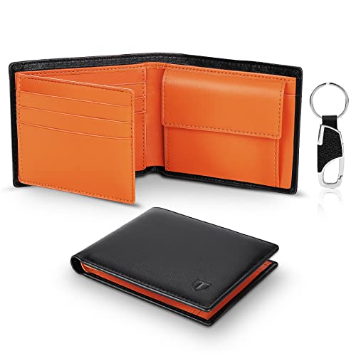 TEEHON Carteira para homem, carteira com bloqueio RFID com 10 ranhuras, 2 compartimentos para bilhetes, 1 bolso para moedas com botão, 1 porta-chaves e presente caixa - laranja preto, Laranja preto,