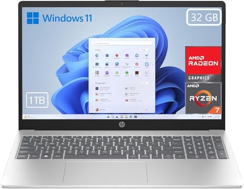 HP 15-fc0243ns Computador portátil FHD AMD Ryzen 7-7730U, 32 GB RAM, 1000 GB SSD, AMD Radeon Graphics, Windows 11, Copilot PC prateado - teclado QWERTY espanhol, 32 GB, 1000 GB