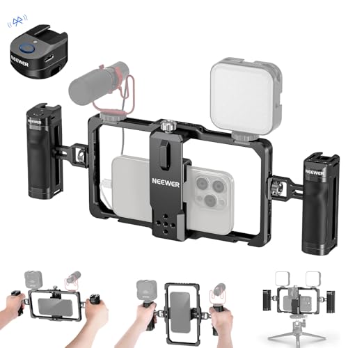 NEEWER Universal Phone Gaiola Video Rig com disparador Bluetooth cabo lateral confortável alças estabilizador para telemóvel para vídeo, Phone Cage compatível com iPhone 15 Pro MAX 15 Pro Galaxy S24