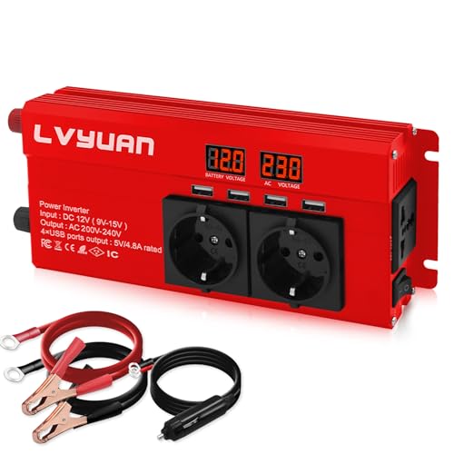 Inversor de voltagem 12 V 230 V 1000 W/2000 W com 2 tomadas e 4 indicadores de voltagem LED USB