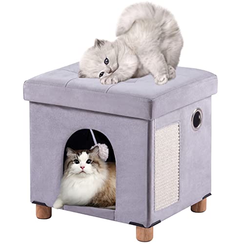 BRIAN & DANY Cama dobrável para gatos de interior, cubo grande de gato para casa de gatos com placa de arranhões e bola de gato, 31 x 31,8 x 36 cm, cinzento