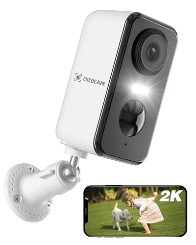 COCOCAM 2K Câmara de vigilância WiFi interior/exterior sem cabos, câmara de vigilância bateria com AI reconhecimento PIR deteção de movimento visão noturna em cores áudio bi-direcional (1, preto)