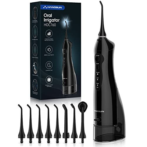 Hangsun Irrigador dentário a bateria profissional, irrigadores bucais portáteis com 8 boquilhas 3 modos, USB recarregável 300 ml, limpeza de dentes de ortodontia, para viagens e uso diário