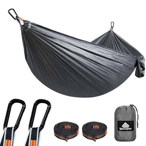 NATUREFUN Rede ultraleve para Camping| 300 kg de capacidade de carga, estilo paraquedas, de Nylon, respirável e de secagem rápida 2 mosquetões premium, 2 lingas de nylon incluídas.