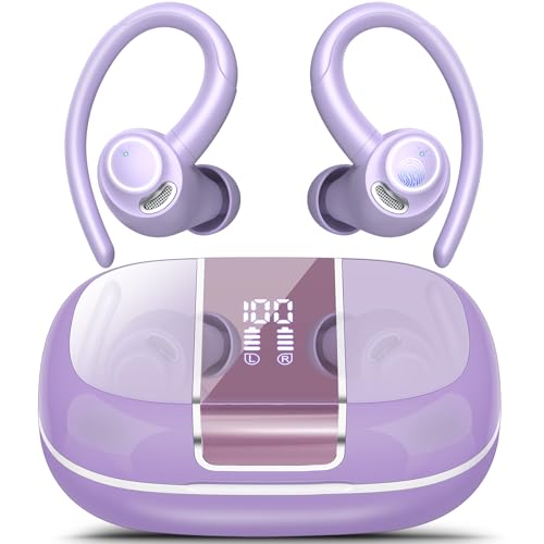 Auriculares Bluetooth desportivos sem fios Bluetooth 5.3 com microfone HD, 48 horas premium de graves baixos, cor roxo claro