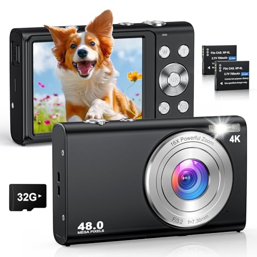 Câmara digital 4K de 48 MP, com cartão de 32 GB, zoom digital de 16X, câmara digital compacta com 2 baterias para iniciantes