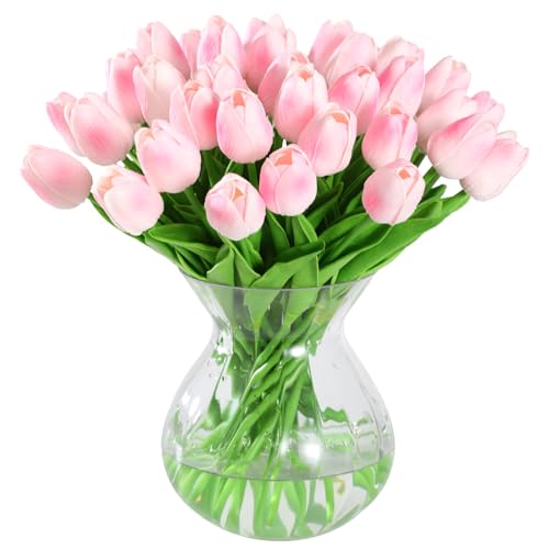 JUSTOYOU 40 tulipas de flores artificiais, tulipas de látex falsas de toque real, tulipas de flores sintéticas, ramos de casamento para decoração de casamento, casa, jardim (rosa)