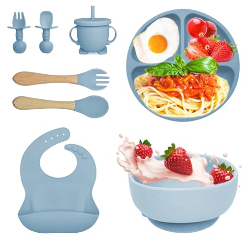 Bizcasa Louça de silicone para bebé, 8 peças, louça de silicone antiderrapante, com prato tigela babete caneca, louça de aprendizagem para comer desmame, sem BPA (azul)