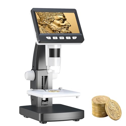 Microscópio para crianças, microscópio digital com ecrã de 4,3" e 8 luzes LED, microscópio portátil HD 1080P, lupa eletrónica microscópio profissional 50-1000X, compatível com PC Windows MacOS