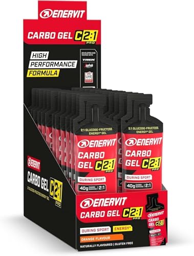 ENERVIT Carbo Gel C2:1PRO Orange, embalagem de 60 ml, gel com maldextrina e frutose na proporção de 2:1, com 40 g de carboidratos por 60 ml, sem glúten, sabor laranja