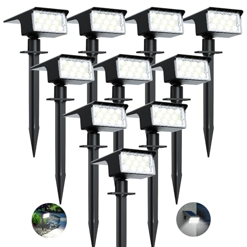 kolpop Luzes solares LED para exterior e jardim [10 peças/77 LED], 6000 K luz solar fria exterior, impermeável IP65, 1800 LM Focos solares para pátio, chão, calçado, terraço, relva, trilho, M vasos