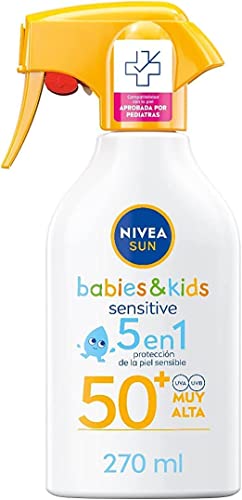 NIVEA SUN Babies & Kids Sensitive Spray FP50 (1 x 270 ml), protetor solar resistente à água para pele sensível, creme para bebés e crianças, a embalagem pode variar